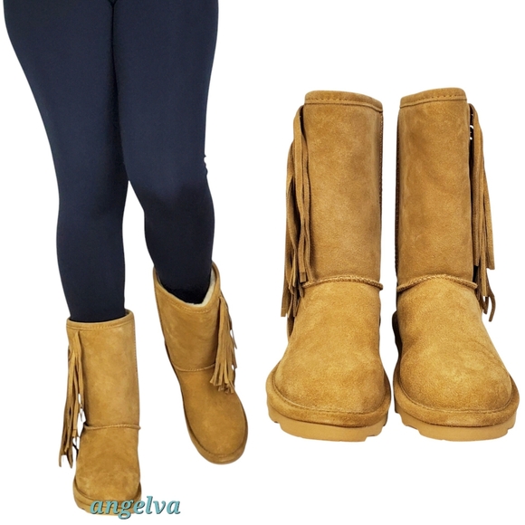 New Bearpaw Cherilyn suede fringe winter boots iced coffee wool blend fur pull - Picture 4 of 16